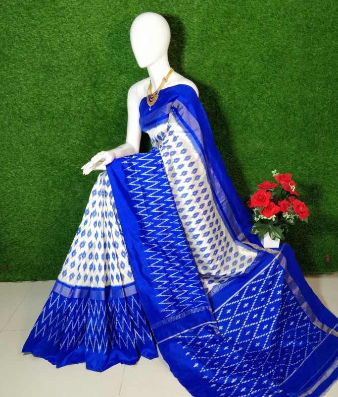 LATEST DESIGNER POCHAMPALLY IKAT PATTU BLUE WITH SEA GREEN COLOR SAREE –  pochampallysarees.com